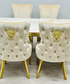 ASR INTERIORS Victoria Set of 2 Dining Chairs - Luxury Cream & Gold Shimmer Velvet Button Tufted Back Lion Knocker, Elegant Upholstered Dining Room Chairs for Living Room, Bedroom, Office (Cream Gold)