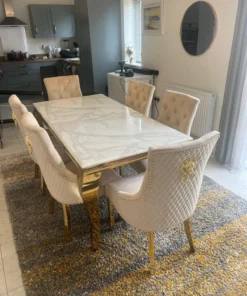 Louis White Marble Dining Table With Cream Lion Knocker Chairs