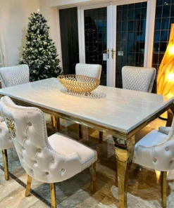 Louis Cream Marble Dining Table & Gold Legs Set with Victoria Lion Knocker Chairs