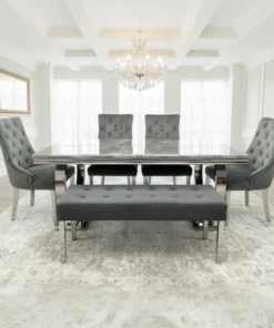 Arianna Grey Marble Dining Table With Majestic Loin Knocker Velvet Dining Chairs And Bench